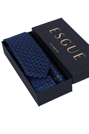 Esgue Hand Made 6 cm Slim Ekose Desen Lacivert Mavi Renk Mendilli İnce Kravat