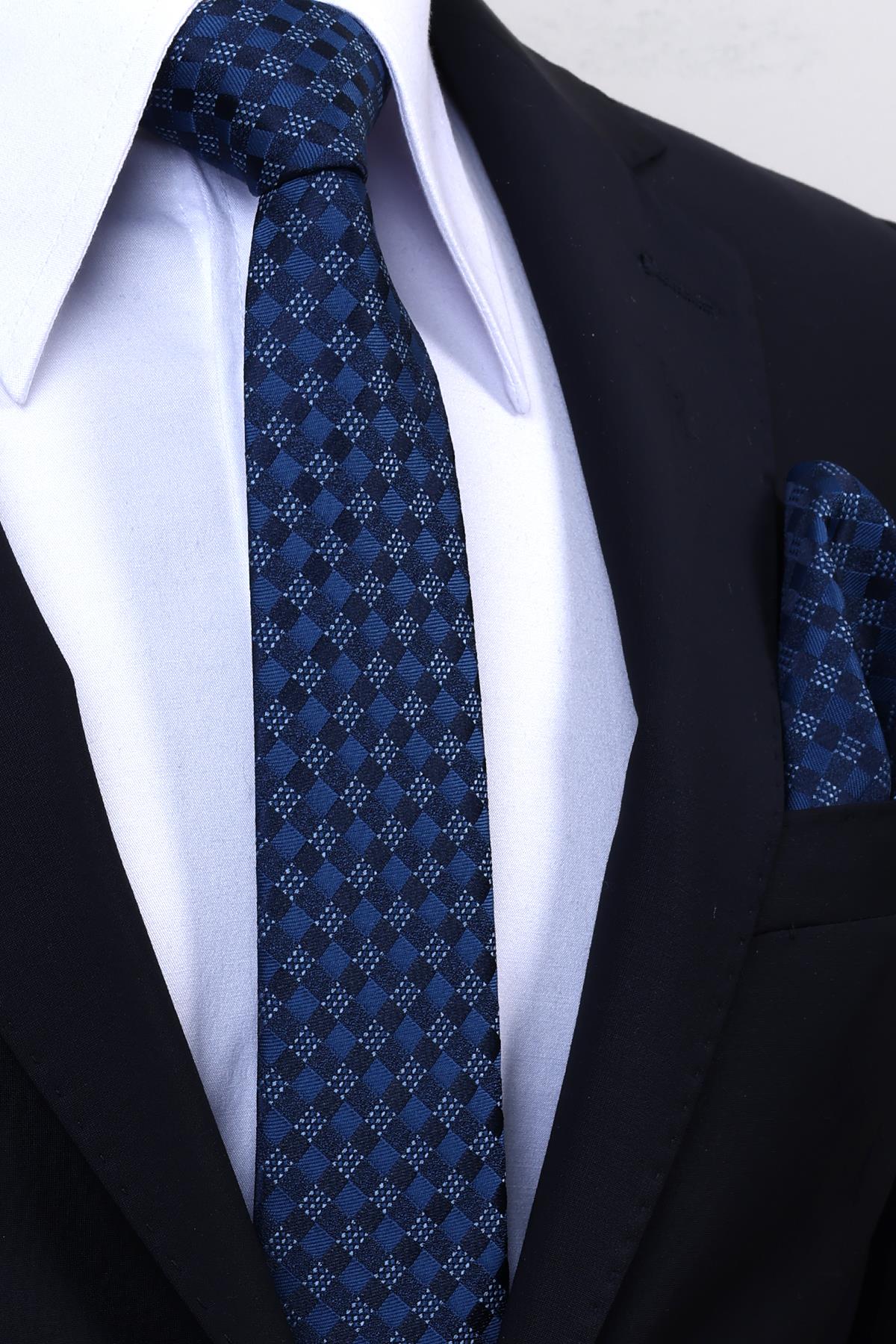 Esgue Hand Made 6 cm Slim Ekose Desen Lacivert Mavi Renk Mendilli İnce Kravat