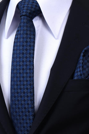 Esgue Hand Made 6 cm Slim Ekose Desen Lacivert Mavi Renk Mendilli İnce Kravat