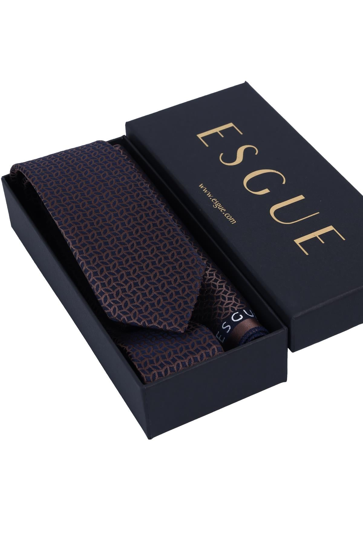Esgue Hand Made 6 cm Slim Geometrik Desen Lacivert Kahve Renk Mendilli İnce Kravat