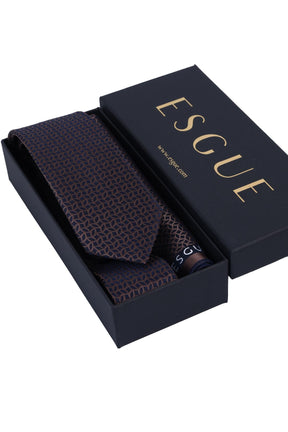 Esgue Hand Made 6 cm Slim Geometrik Desen Lacivert Kahve Renk Mendilli İnce Kravat
