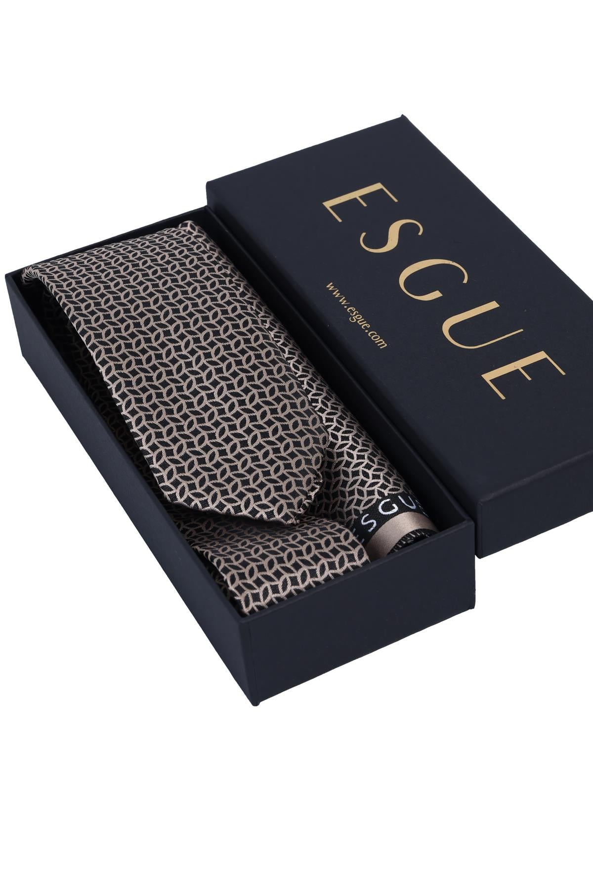 Esgue Hand Made 6 cm Slim Geometrik Desen Siyah Bej Renk Mendilli İnce Kravat