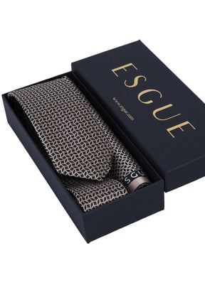 Esgue Hand Made 6 cm Slim Geometrik Desen Siyah Bej Renk Mendilli İnce Kravat