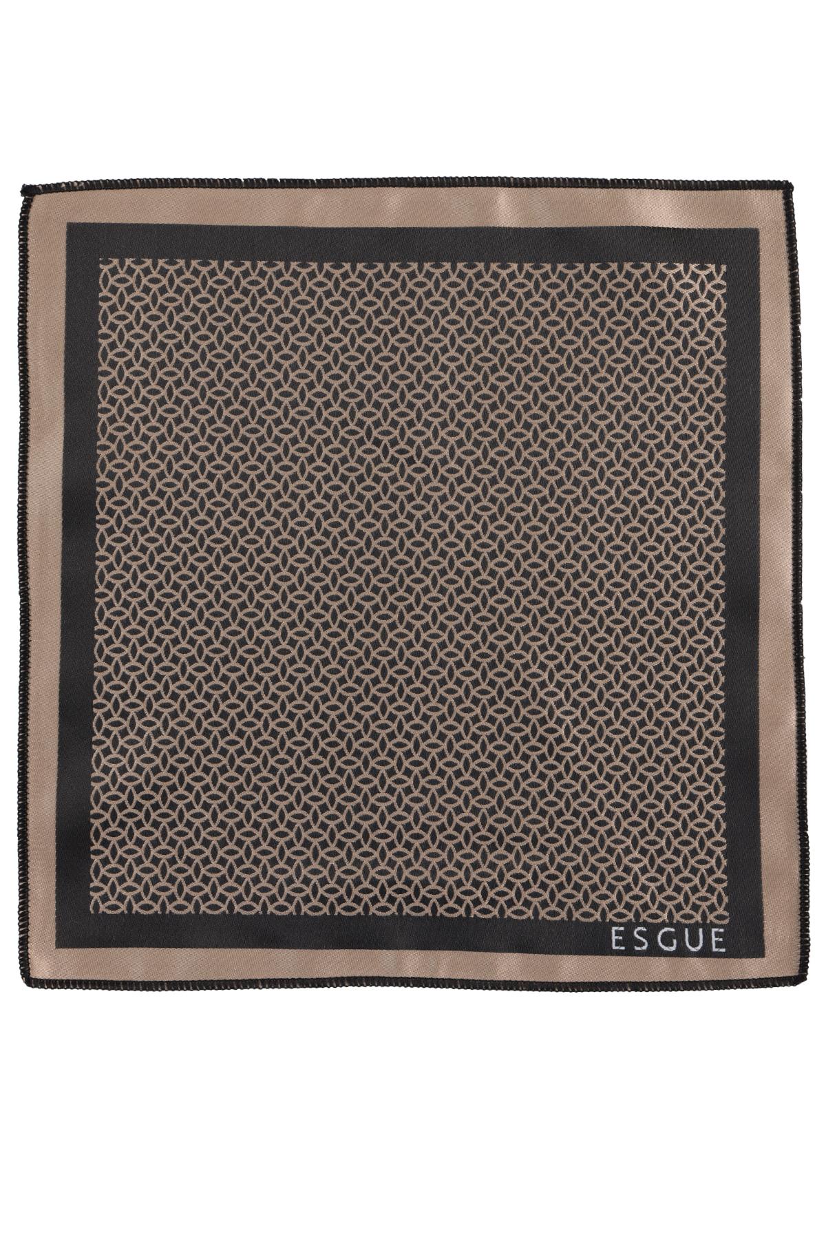 Esgue Hand Made 6 cm Slim Geometrik Desen Siyah Bej Renk Mendilli İnce Kravat