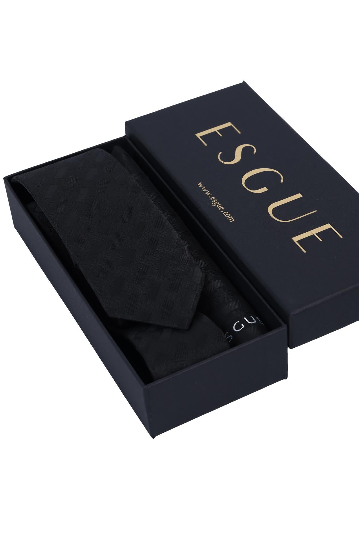 Esgue Hand Made 6 cm Slim Geometrik Desenli Siyah Renk Mendilli İnce Kravat