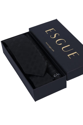 Esgue Hand Made 6 cm Slim Geometrik Desenli Siyah Renk Mendilli İnce Kravat