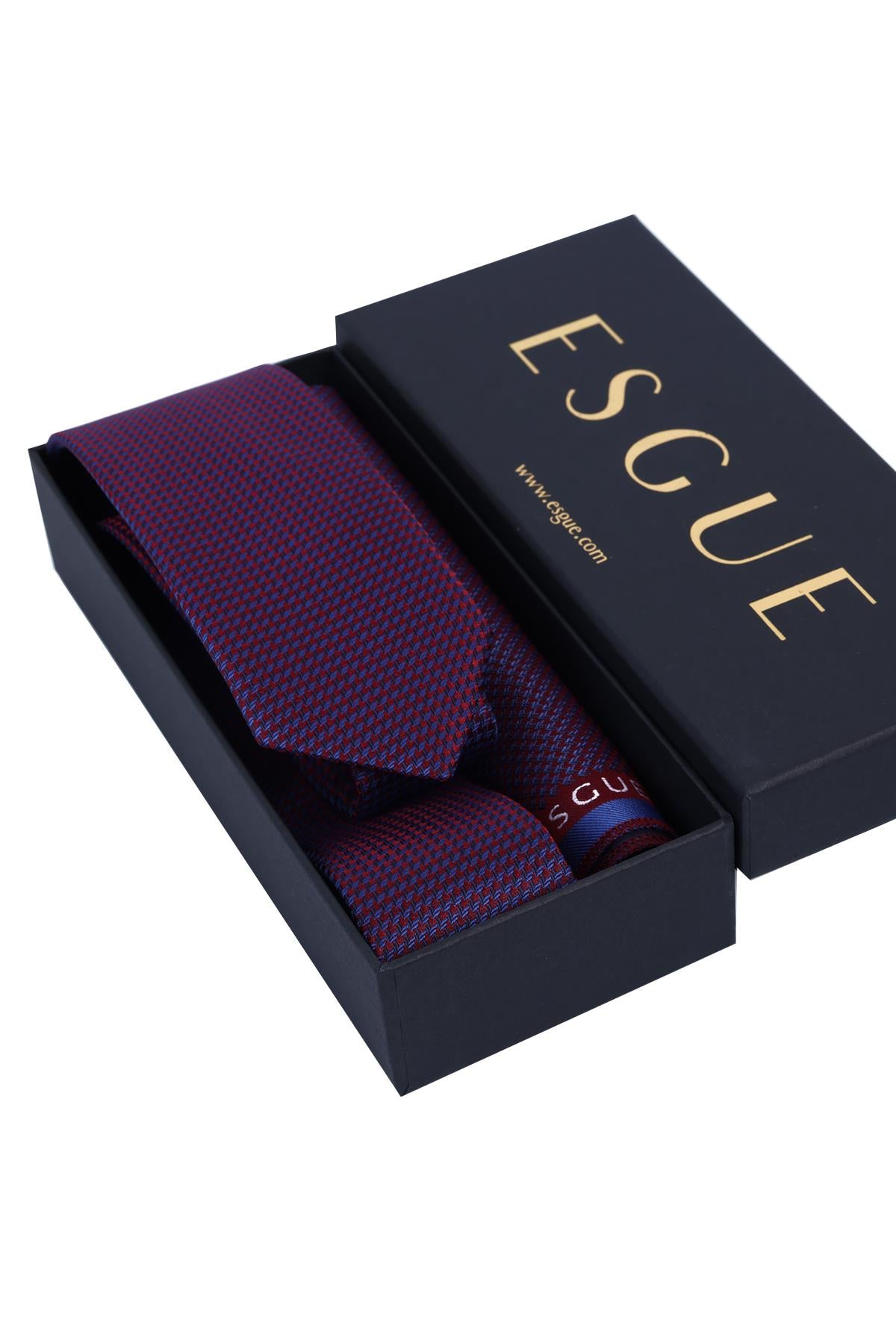 Esgue Hand Made 6 cm Slim Mini Desenli Bordo Mavi Renk Mendilli İnce Kravat