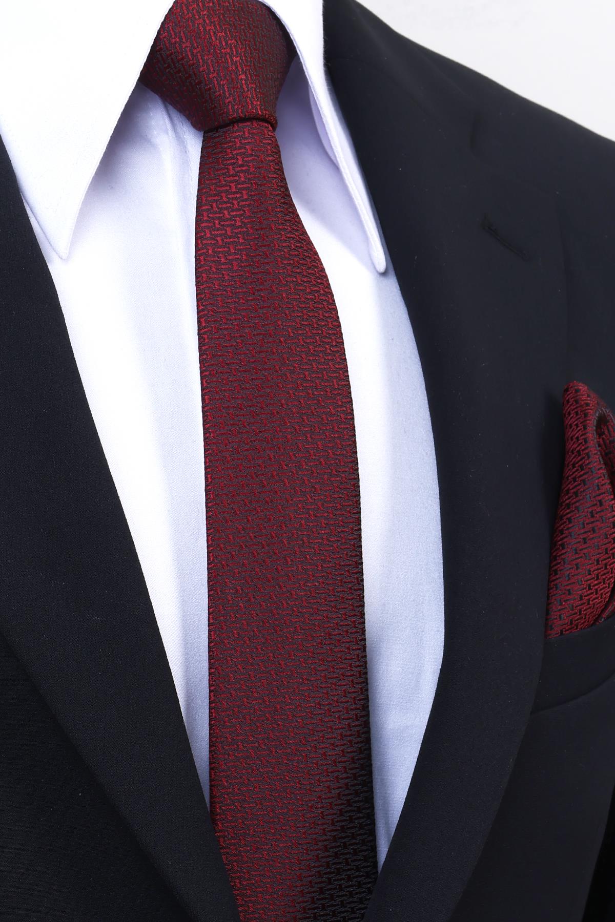 Esgue Hand Made 6 cm Slim Mini Desenli Bordo Siyah Renk Mendilli İnce Kravat