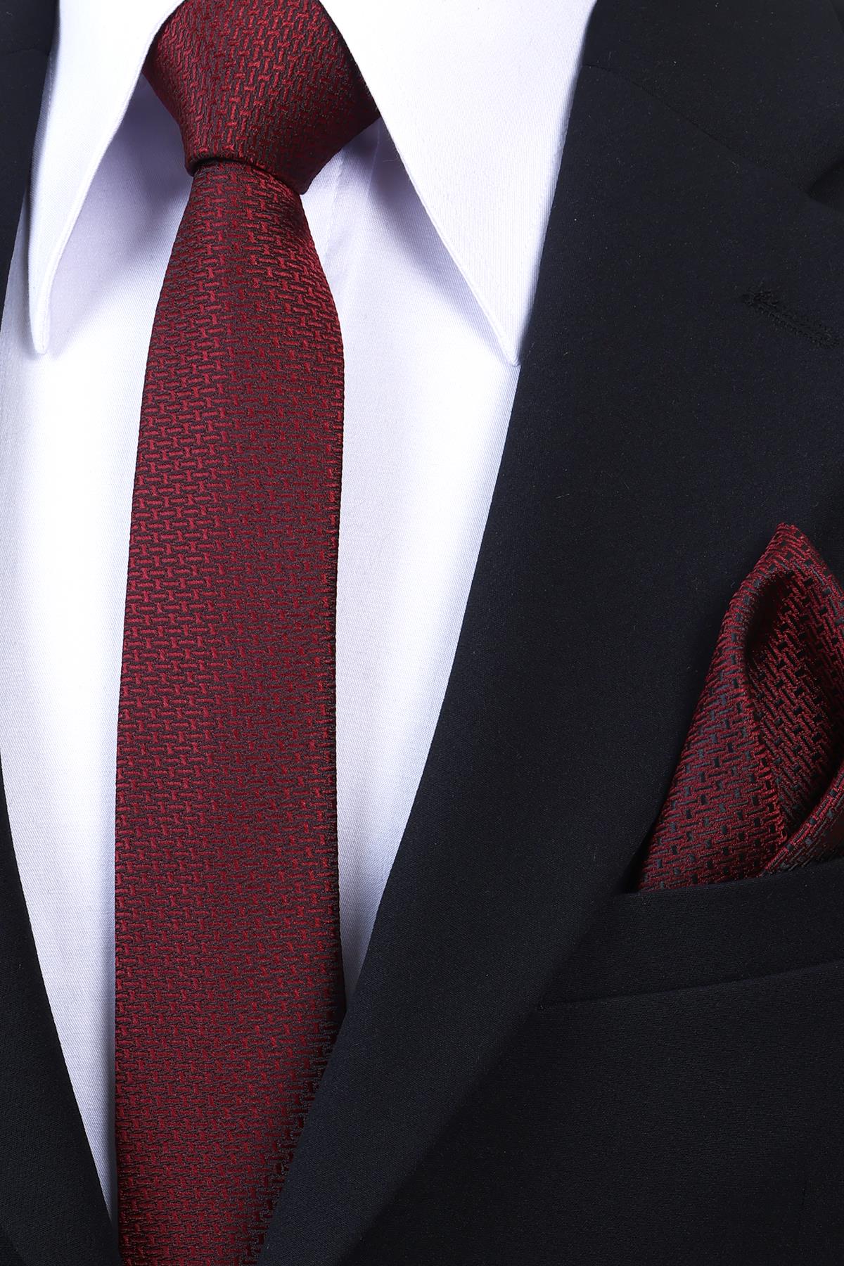 Esgue Hand Made 6 cm Slim Mini Desenli Bordo Siyah Renk Mendilli İnce Kravat