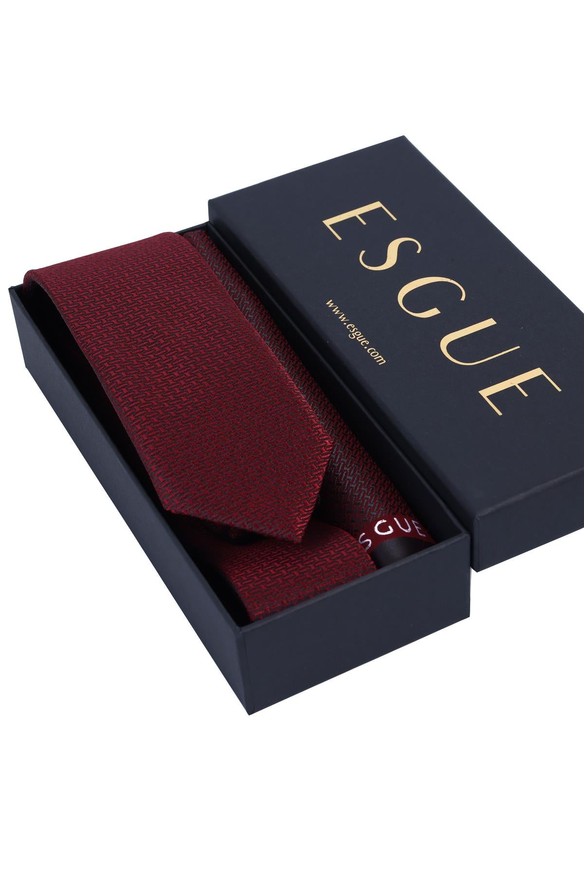 Esgue Hand Made 6 cm Slim Mini Desenli Bordo Siyah Renk Mendilli İnce Kravat