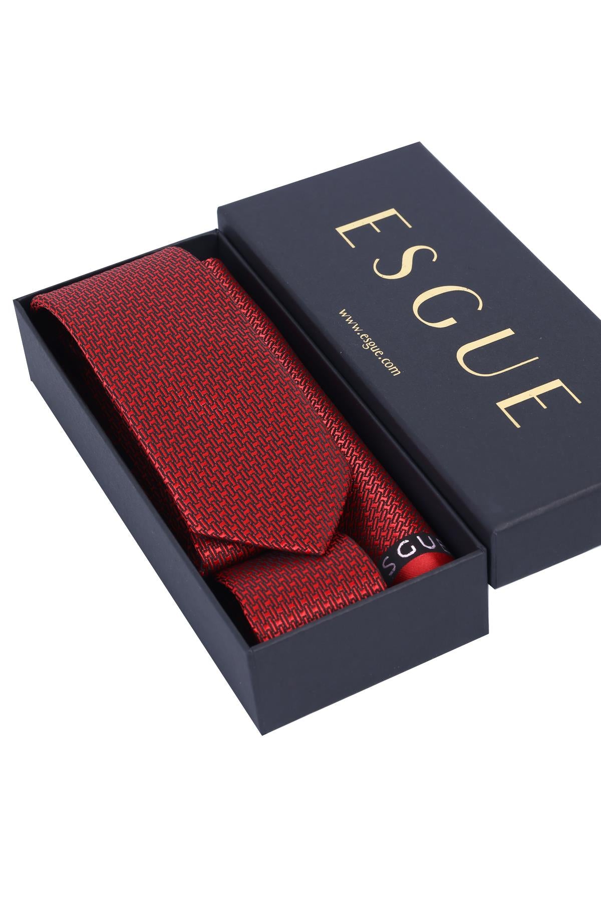 Esgue Hand Made 6 cm Slim Mini Desenli Kırmızı Siyah Renk Mendilli İnce Kravat