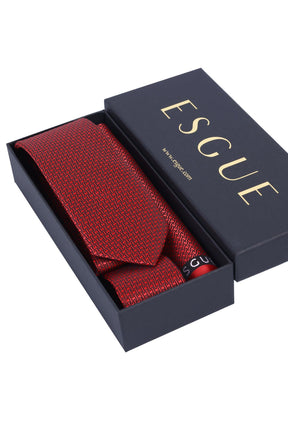Esgue Hand Made 6 cm Slim Mini Desenli Kırmızı Siyah Renk Mendilli İnce Kravat