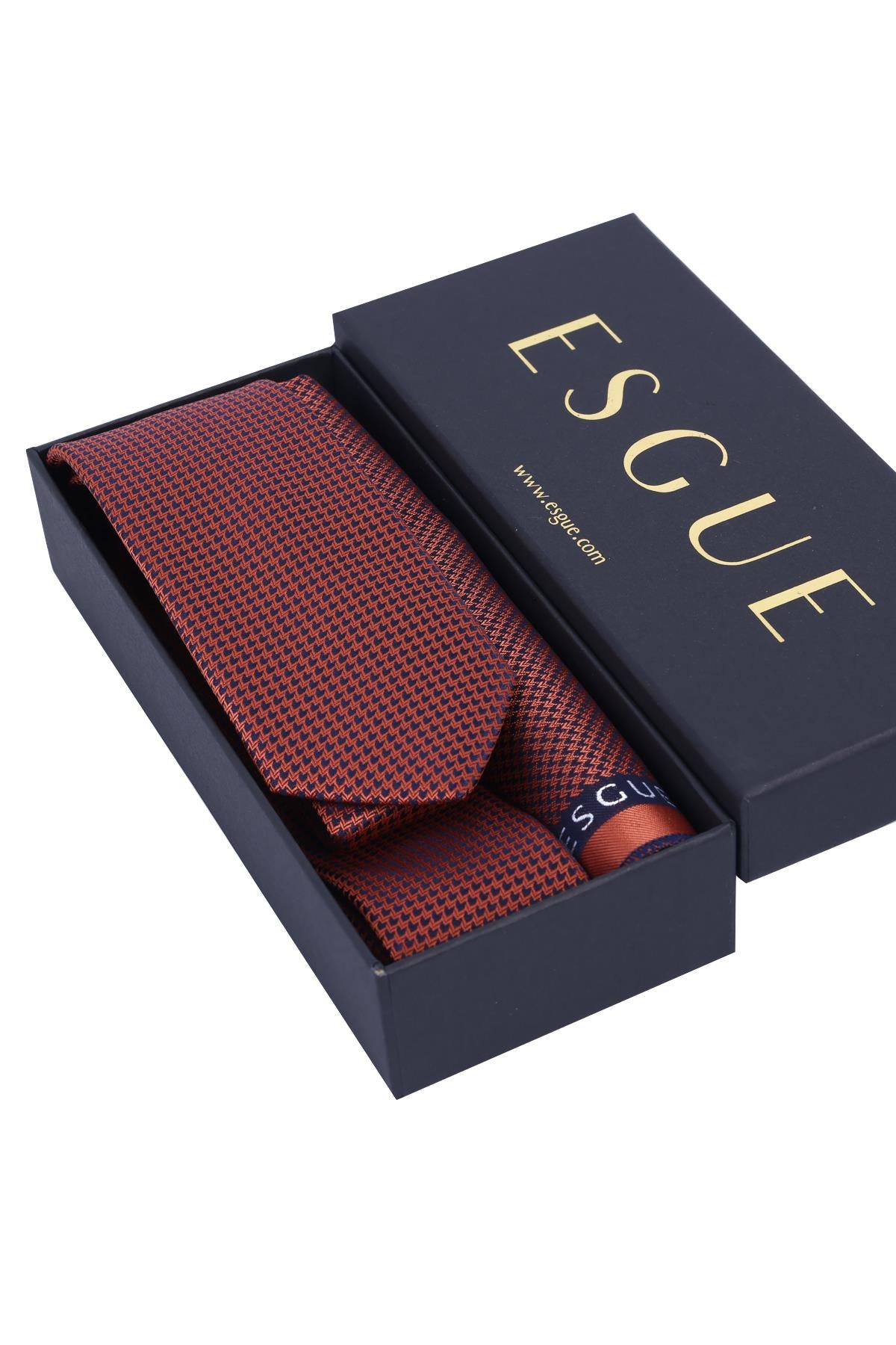 Esgue Hand Made 6 cm Slim Mini Desenli Lacivert Kiremit Renk Mendilli İnce Kravat