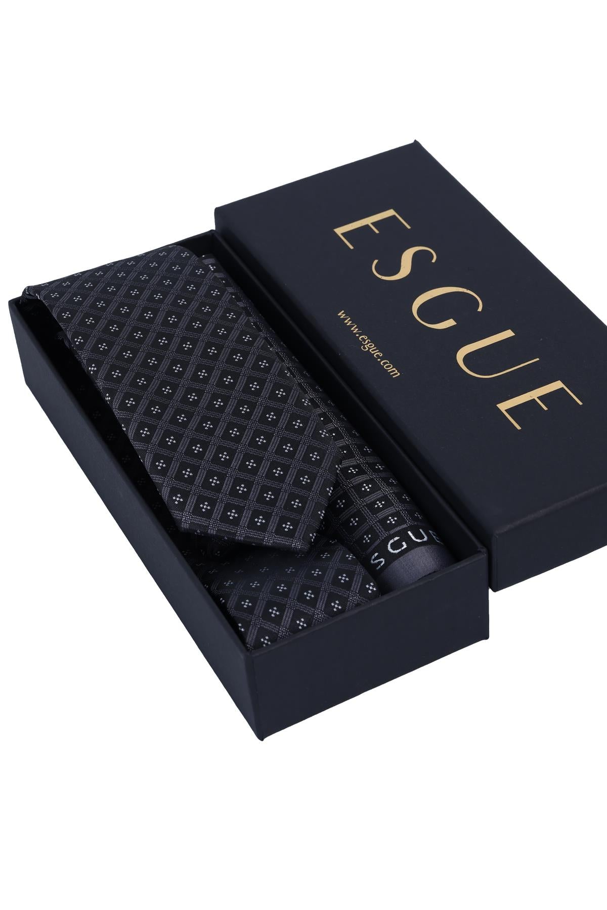 Esgue Hand Made 6 cm Slim Motif Desen Siyah Gri Renk Mendilli İnce Kravat