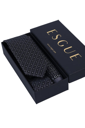 Esgue Hand Made 6 cm Slim Motif Desen Siyah Gri Renk Mendilli İnce Kravat