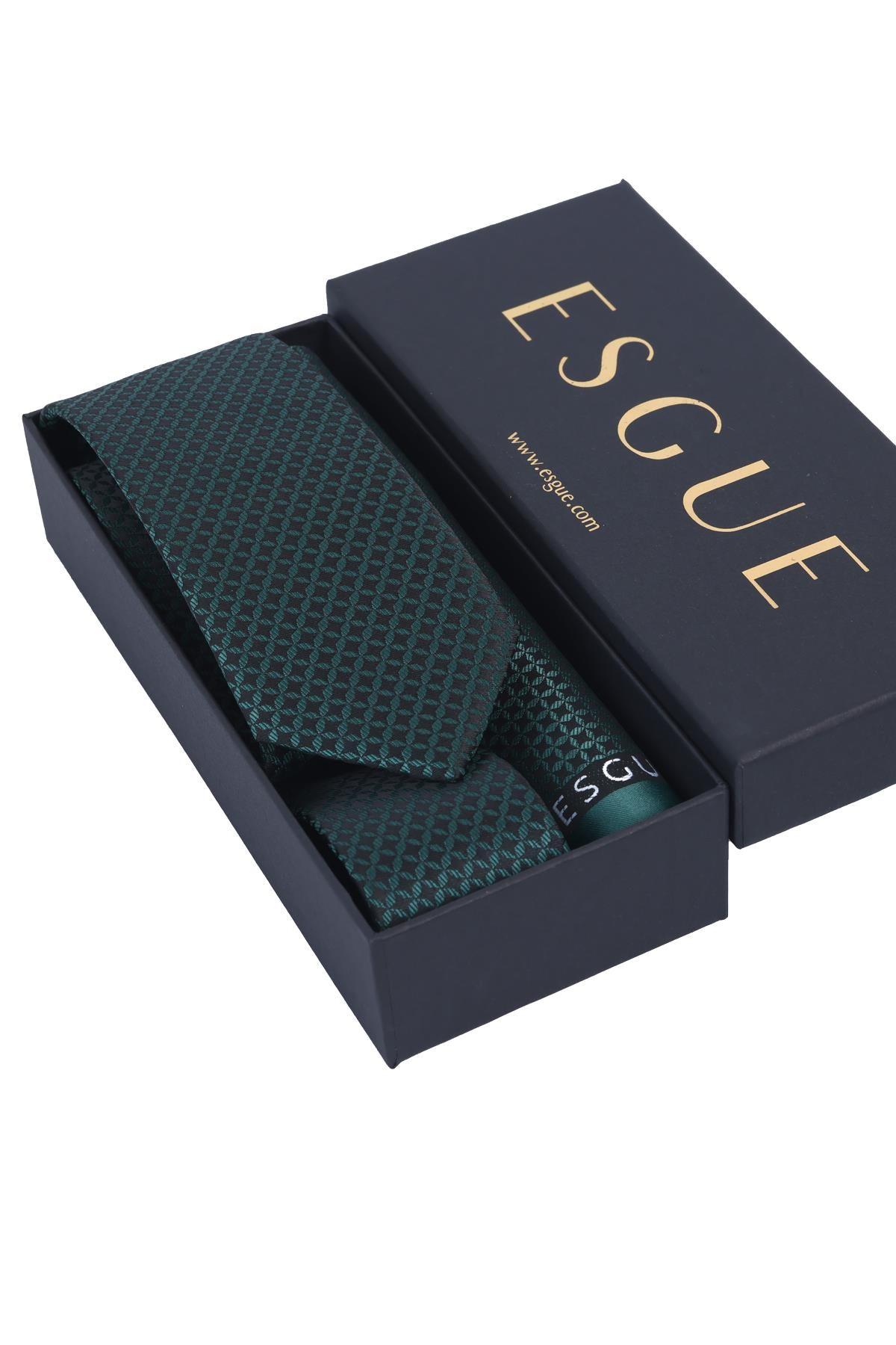 Esgue Hand Made 6 cm Slim Pötikare Desen Yeşil Renk Mendilli İnce Kravat