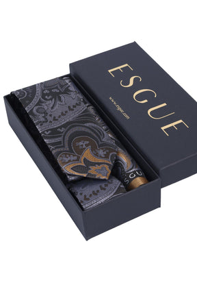 Esgue Hand Made 6 cm Slim Şal Desenli Füme Gold Renk Mendilli İnce Kravat