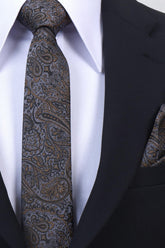 Esgue Hand Made 6 cm Slim Şal Desenli Gri Gold Renk Mendilli İnce Kravat