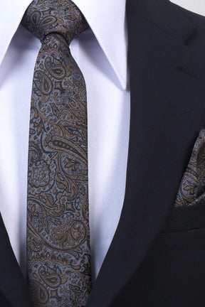 Esgue Hand Made 6 cm Slim Şal Desenli Gri Gold Renk Mendilli İnce Kravat