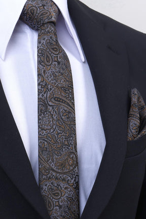 Esgue Hand Made 6 cm Slim Şal Desenli Gri Gold Renk Mendilli İnce Kravat