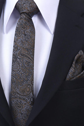 Esgue Hand Made 6 cm Slim Şal Desenli Gri Gold Renk Mendilli İnce Kravat