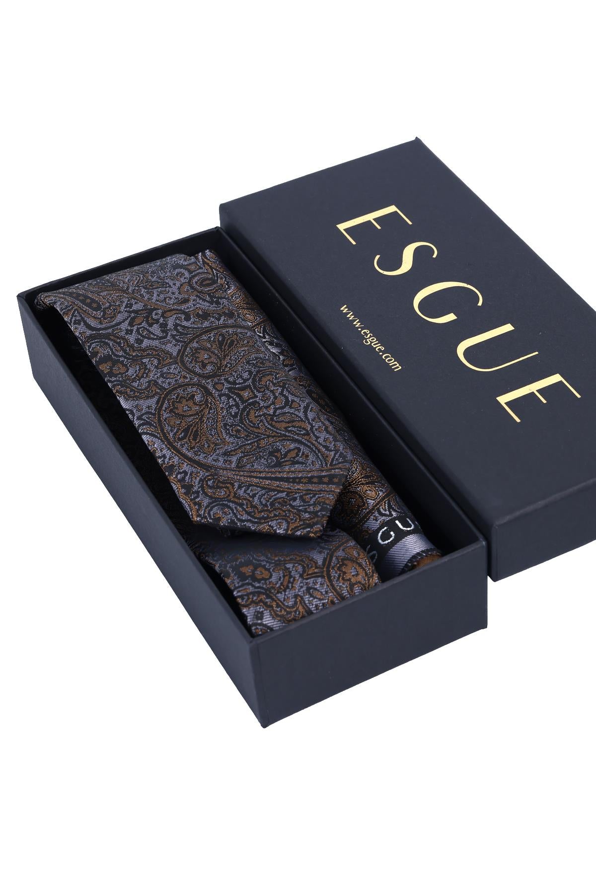 Esgue Hand Made 6 cm Slim Şal Desenli Gri Gold Renk Mendilli İnce Kravat