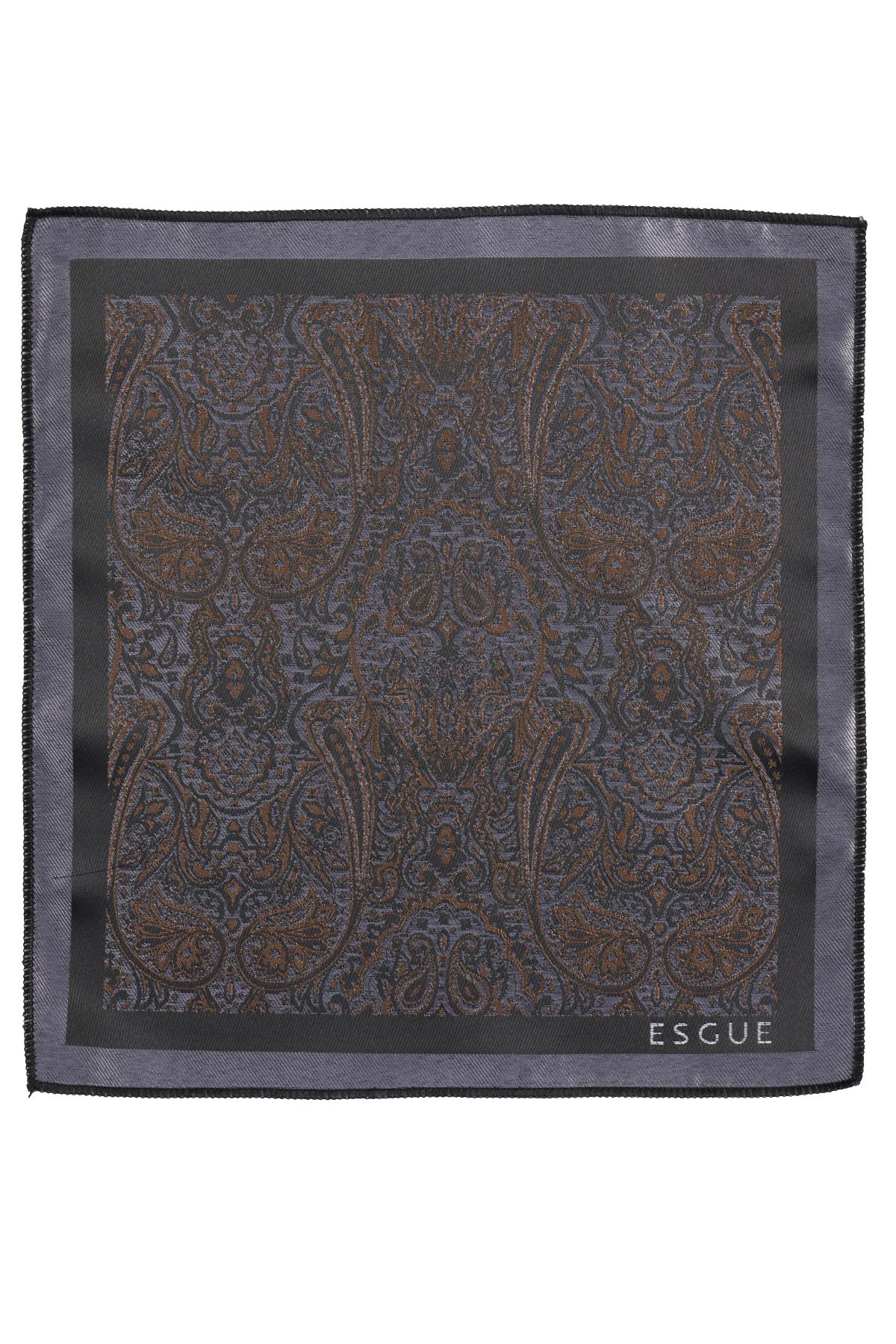 Esgue Hand Made 6 cm Slim Şal Desenli Gri Gold Renk Mendilli İnce Kravat
