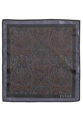 Esgue Hand Made 6 cm Slim Şal Desenli Gri Gold Renk Mendilli İnce Kravat