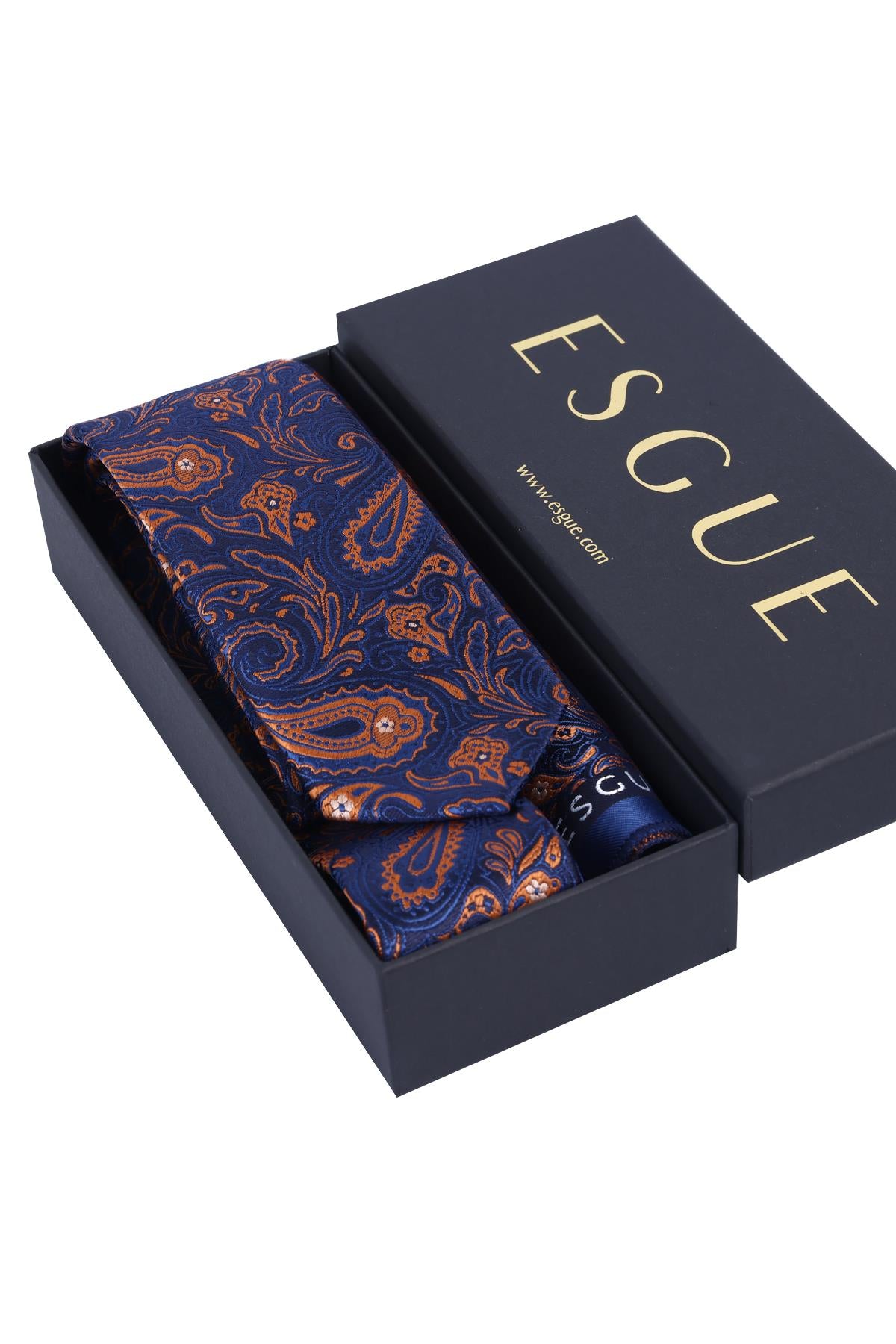 Esgue Hand Made 6 cm Slim Şal Desenli Lacivert Kiremit Renk Mendilli İnce Kravat