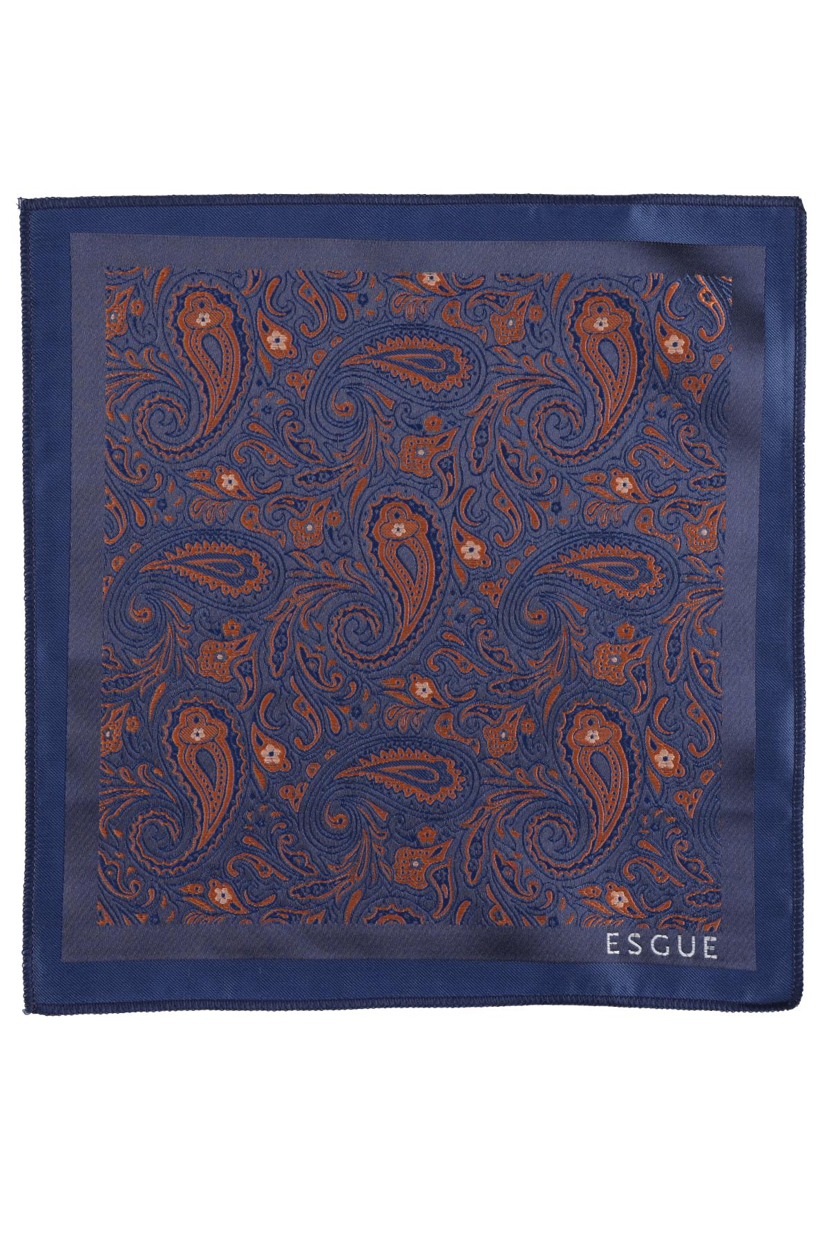 Esgue Hand Made 6 cm Slim Şal Desenli Lacivert Kiremit Renk Mendilli İnce Kravat