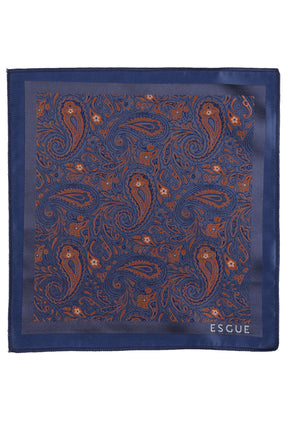 Esgue Hand Made 6 cm Slim Şal Desenli Lacivert Kiremit Renk Mendilli İnce Kravat