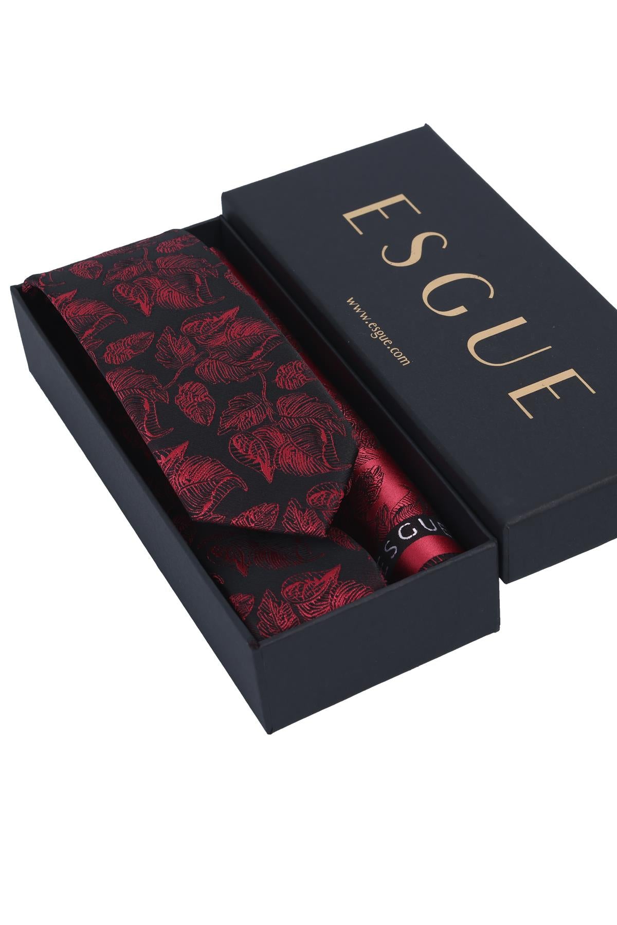 Esgue Hand Made 6 cm Slim Yaprak Desen Siyah Kırmızı Renk Mendilli İnce Kravat