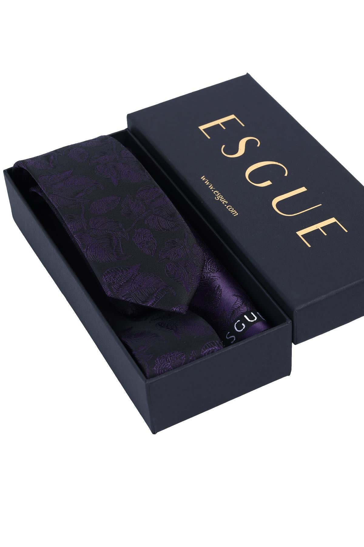 Esgue Hand Made 6 cm Slim Yaprak Desen Siyah Mor Renk Mendilli İnce Kravat