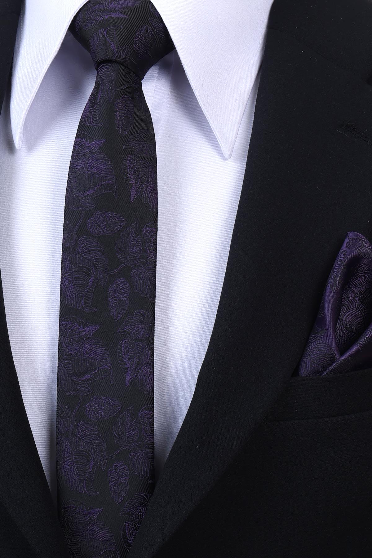 Esgue Hand Made 6 cm Slim Yaprak Desen Siyah Mor Renk Mendilli İnce Kravat