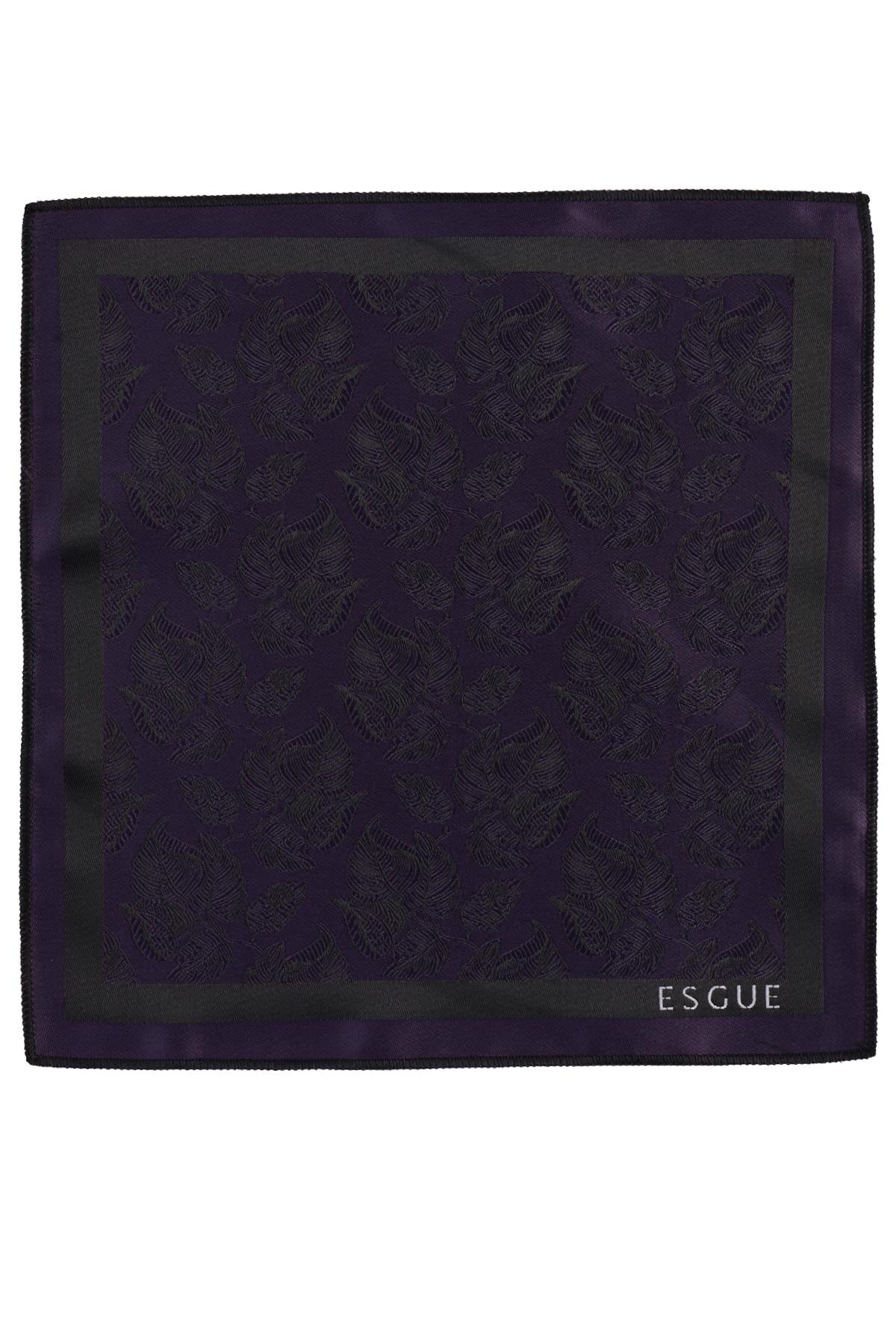 Esgue Hand Made 6 cm Slim Yaprak Desen Siyah Mor Renk Mendilli İnce Kravat