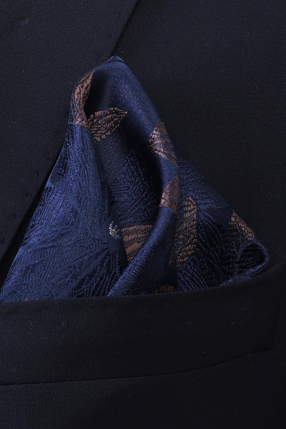 Esgue Hand Made 7.5 cm Kahve Lacivert Çiçek Desenli Mendilli Kravat