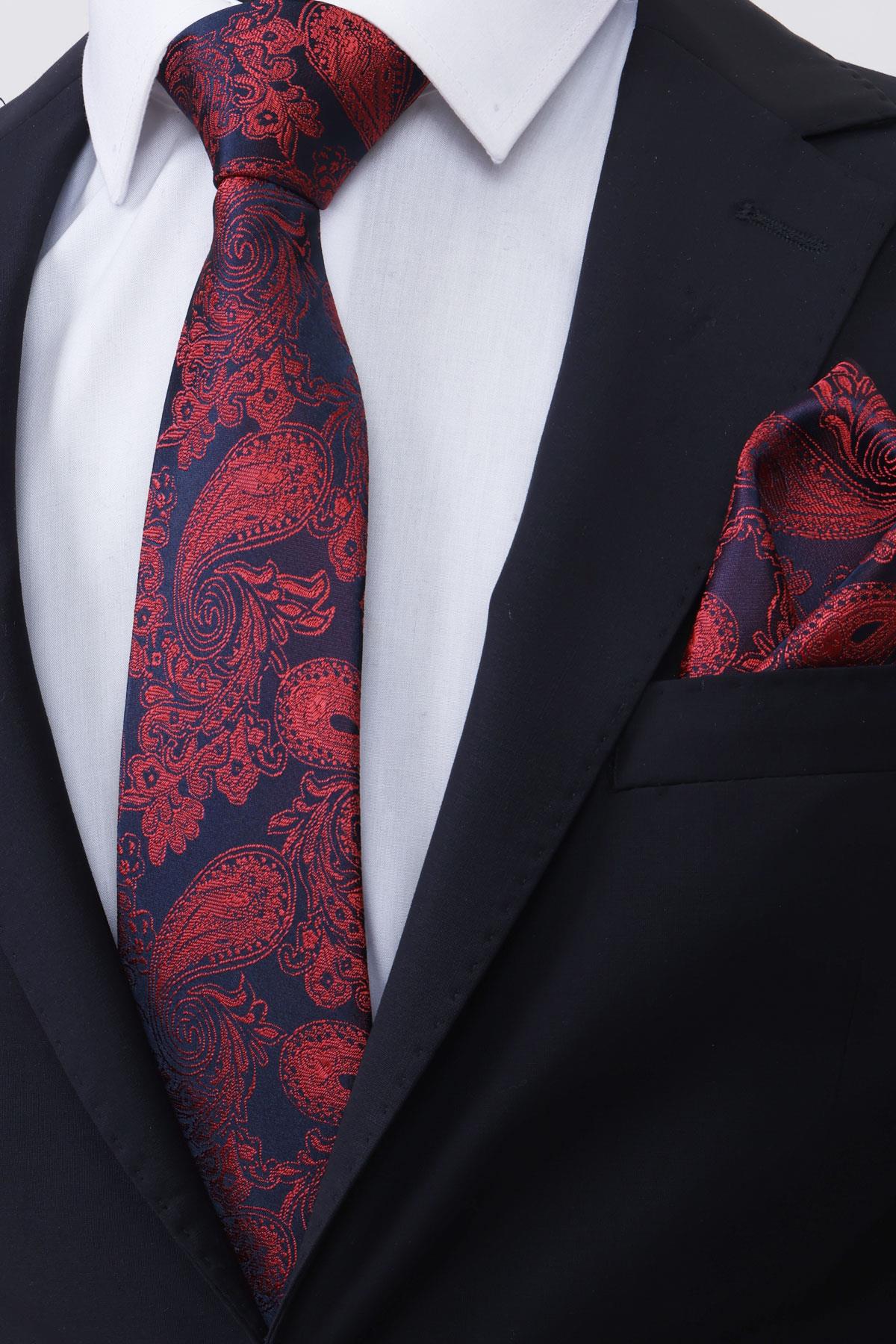 Esgue Hand Made 8 cm Kırmızı Lacivert Damla Desen Mendilli Kravat