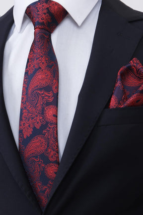 Esgue Hand Made 8 cm Kırmızı Lacivert Damla Desen Mendilli Kravat