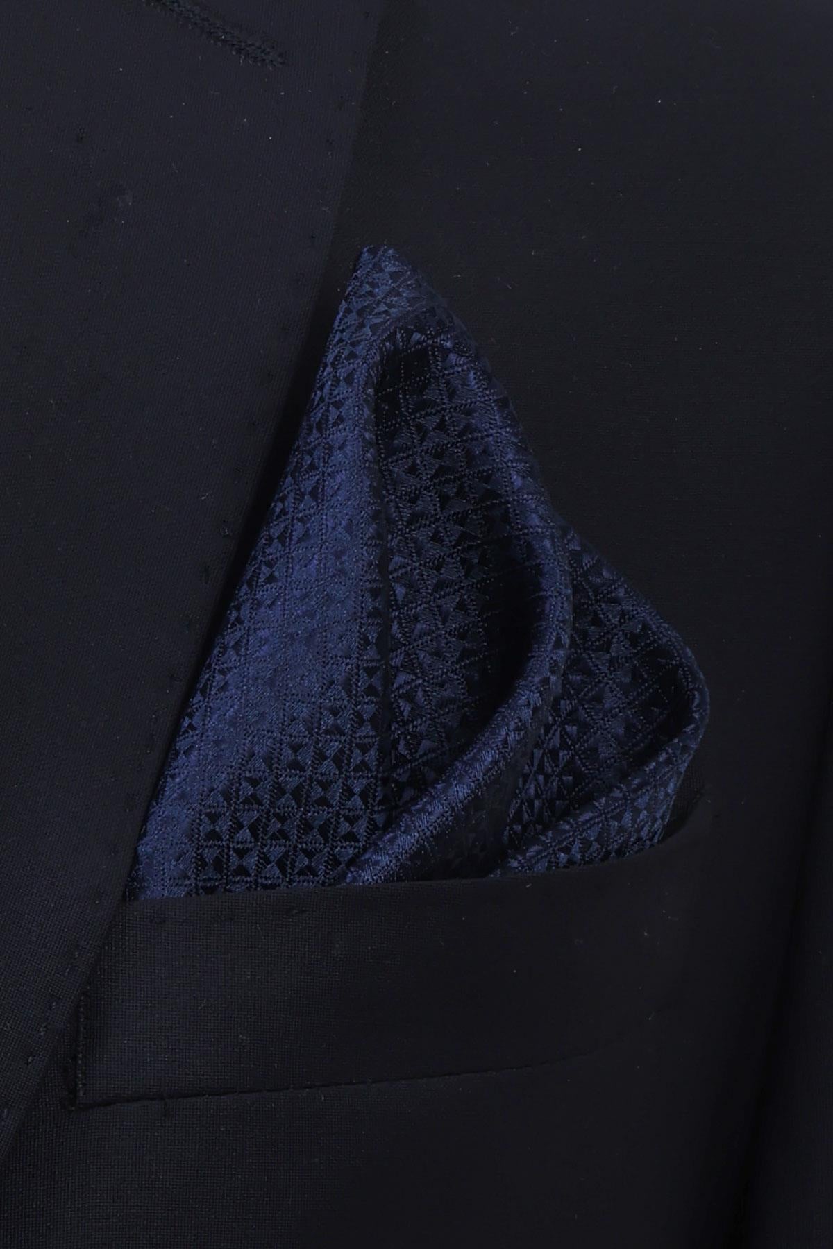 Esgue Hand Made 7.5 cm Lacivert Desenli Mendilli Kravat