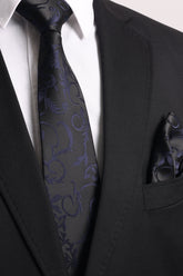 Esgue Hand Made 8 cm Lacivert - Siyah Desenli Kravat Mendil