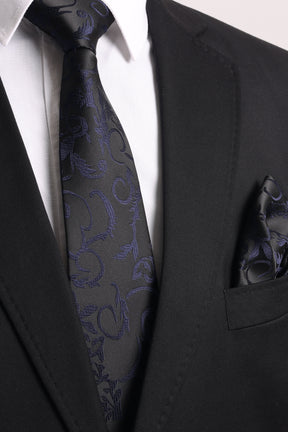 Esgue Hand Made 8 cm Lacivert - Siyah Desenli Kravat Mendil