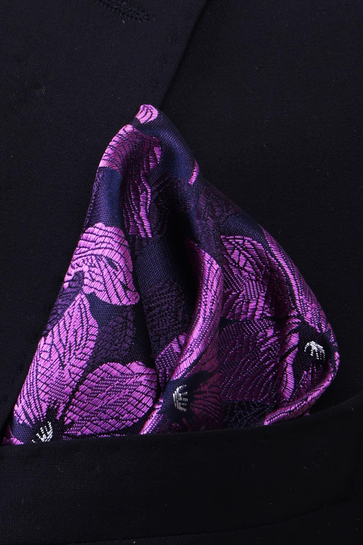 Esgue Hand Made 7.5 cm Mor Lacivert Çiçek Desenli Mendilli Kravat