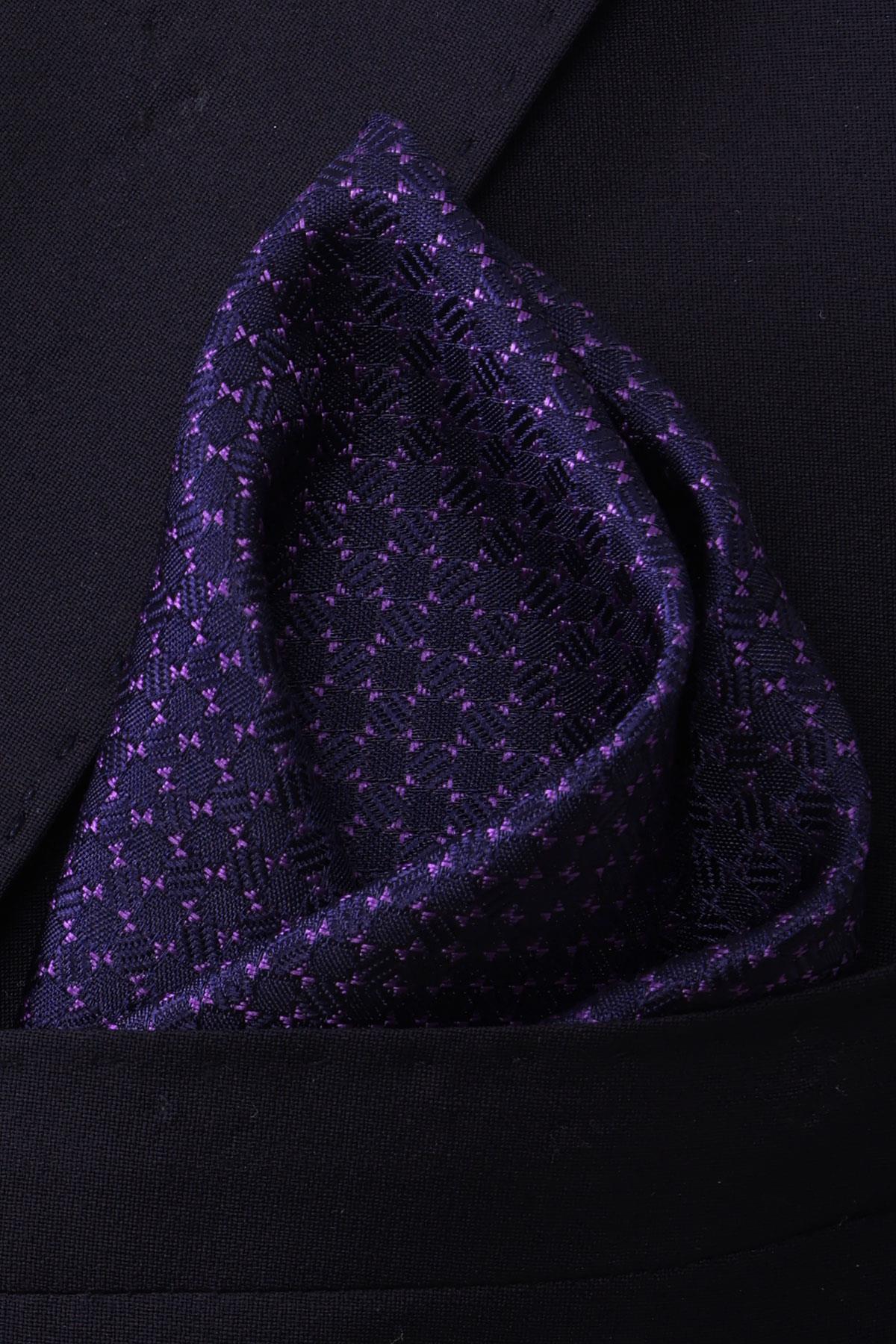 Esgue Hand Made 7.5 cm Mor Lacivert Desenli Mendilli Kravat