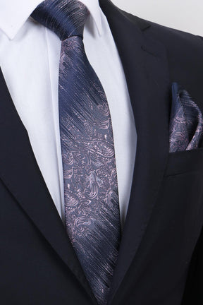 Esgue Hand Made 8 cm Pudra Pembe & Laci-Gri Desenli Mendilli Kravat