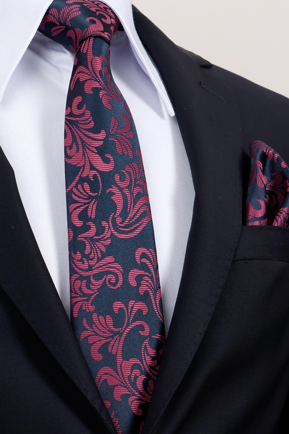 Esgue Hand Made 8 cm Bordo Lacivert Desenli Kravat Mendil