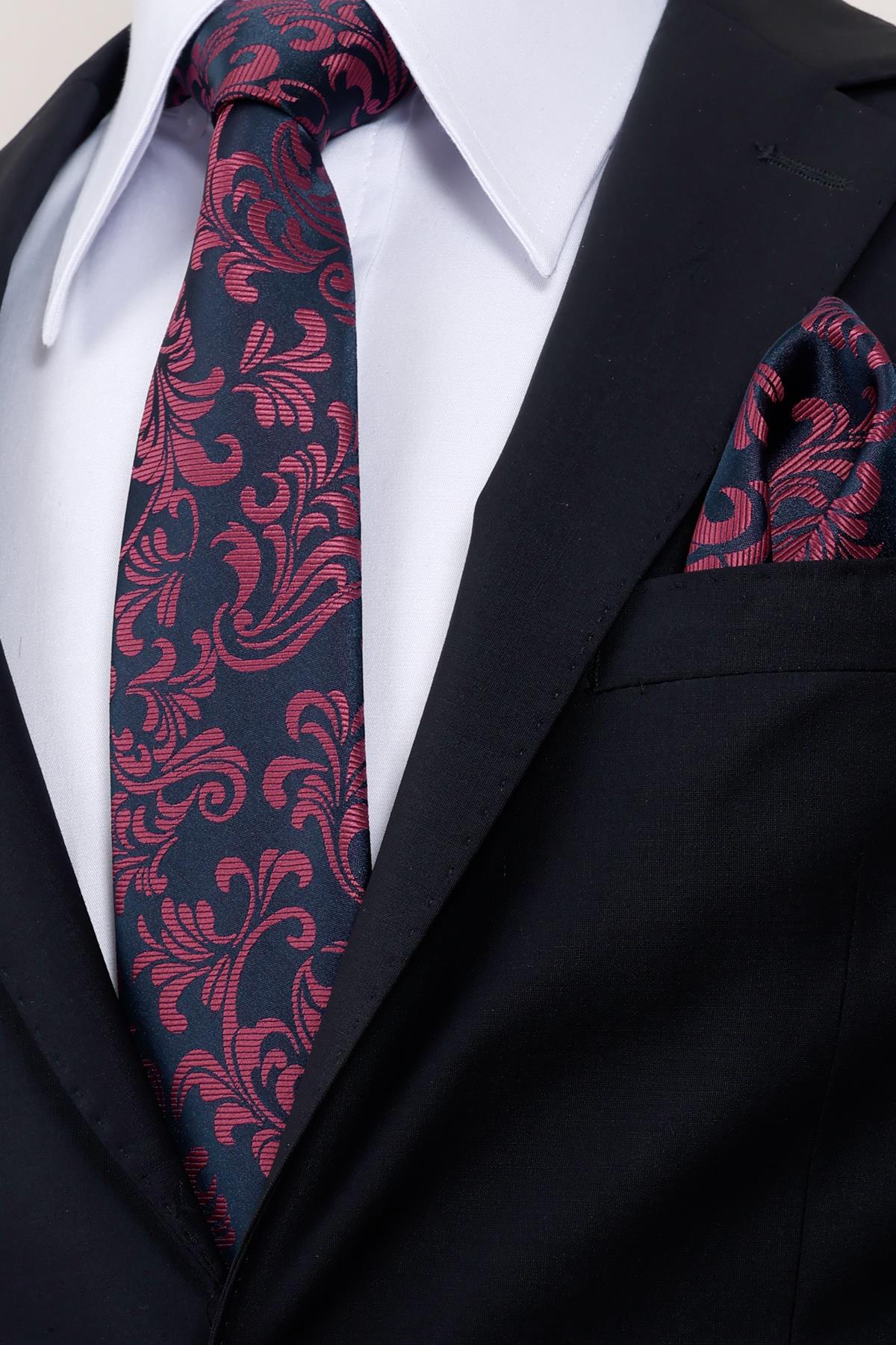 Esgue Hand Made 8 cm Bordo Lacivert Desenli Kravat Mendil