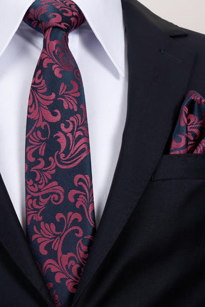 Esgue Hand Made 8 cm Bordo Lacivert Desenli Kravat Mendil