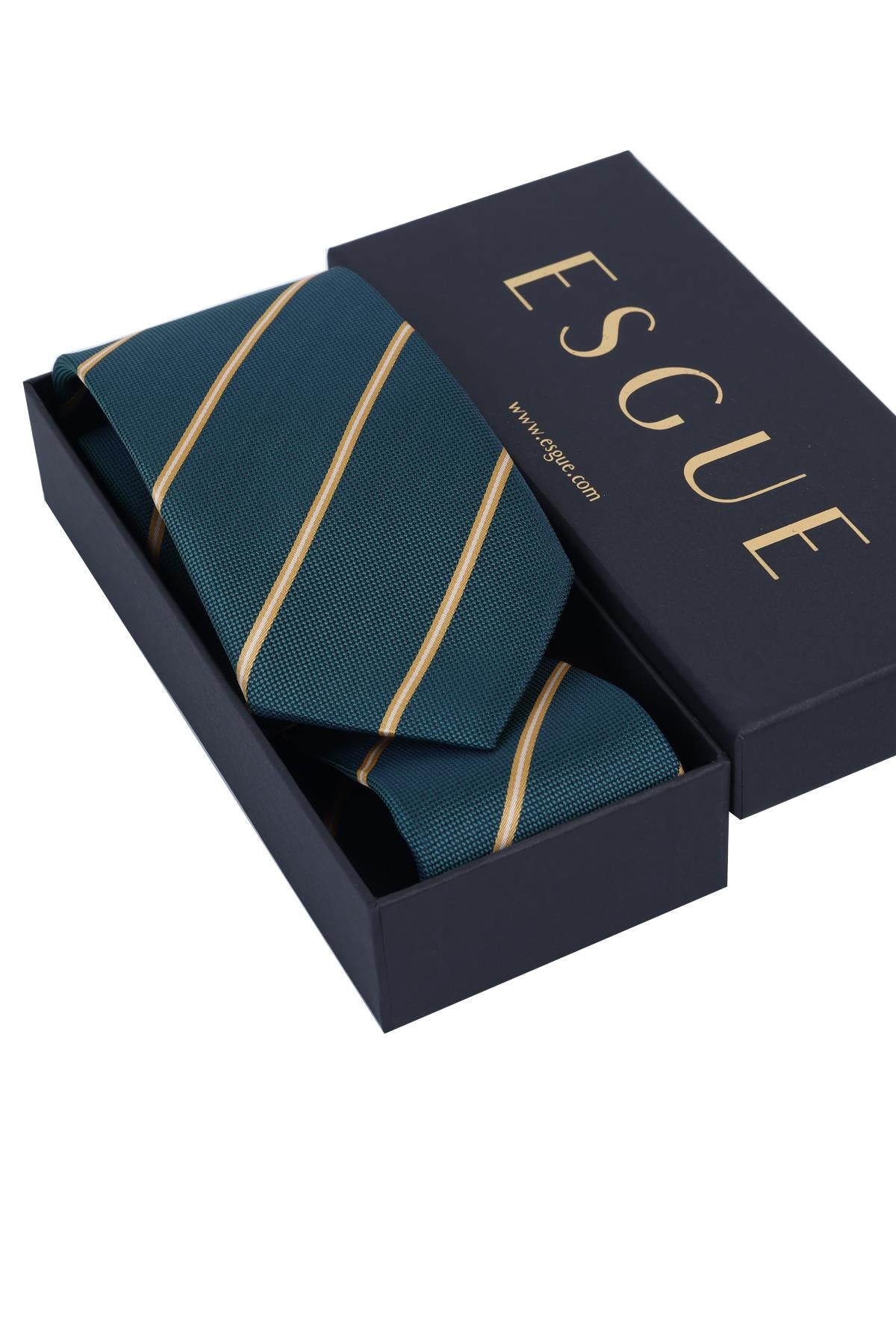 Esgue Hand Made 8 cm Çizgili Desen Yeşil Sarı Renk Mendilli Kravat