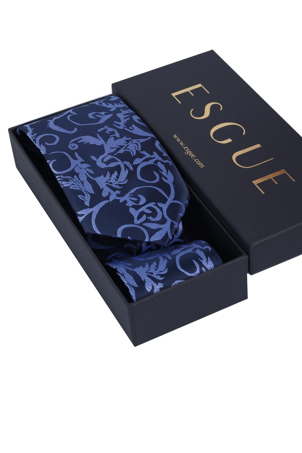 Esgue Hand Made 8 cm Dalgalı Desen Lacivert Mavi Renk Mendilli Kravat
