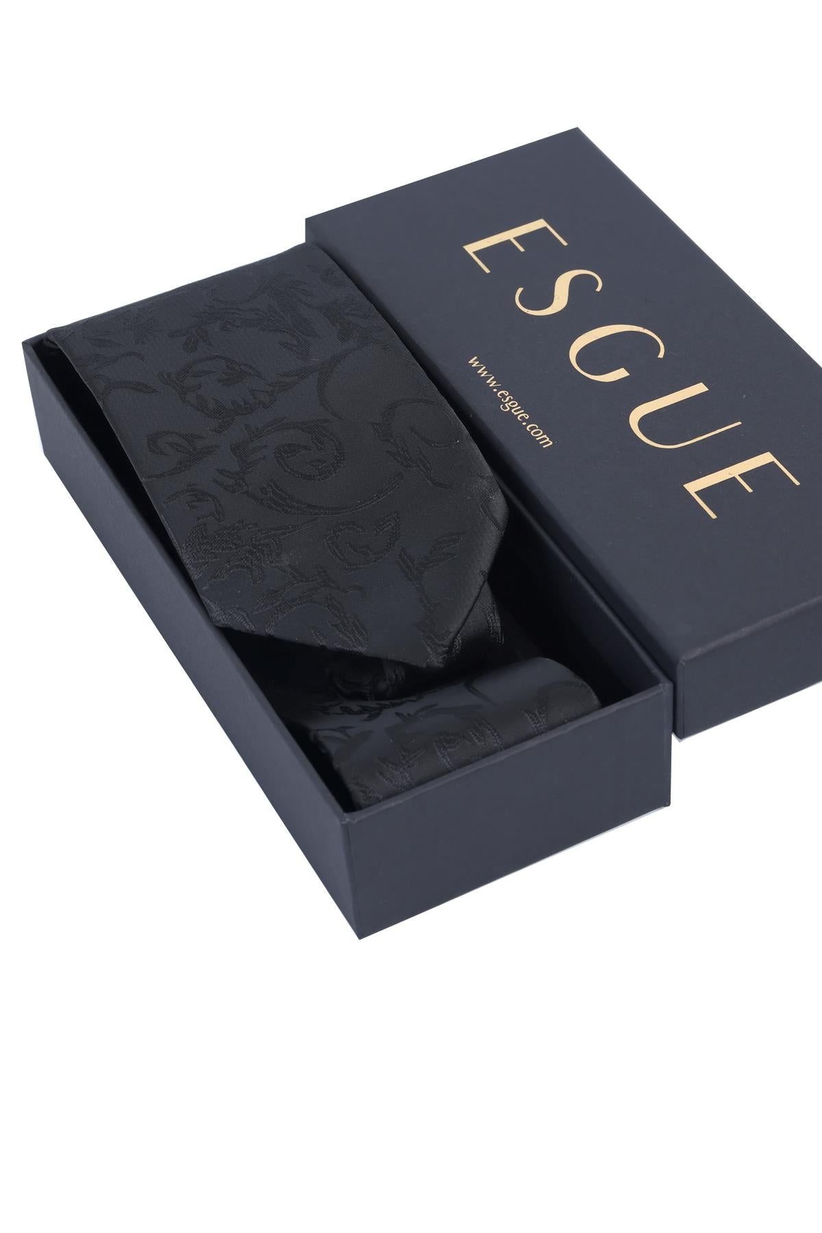 Esgue Hand Made 8 cm Dalgalı Desen Siyah Renk Mendilli Kravat